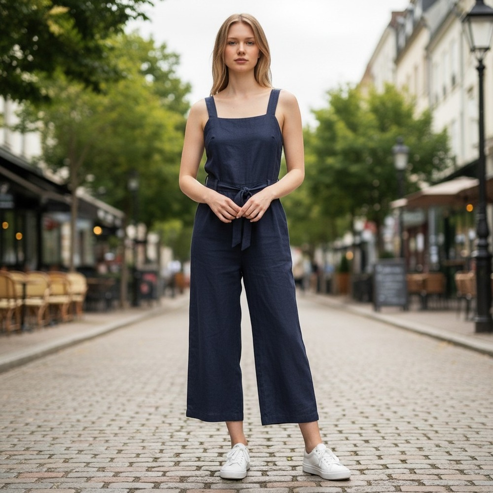 NEW Quince Womens L 100% European Linen Square Neck Jumpsuit Deep Navy Wide Leg